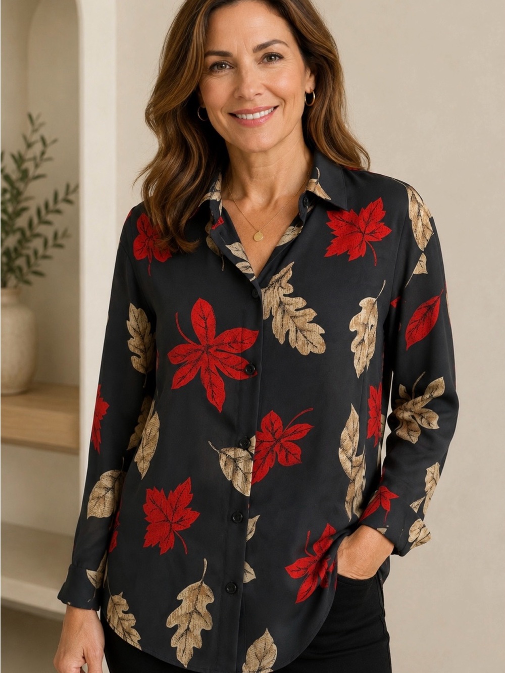 Chaus Black Button-Down Shirt with Red & Tan Leaf Print